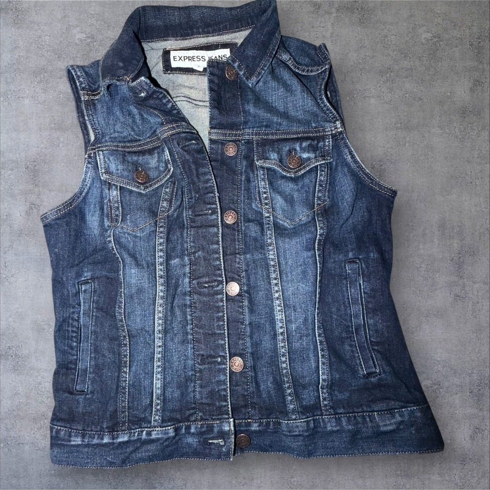 Express Jeans Womens Dark Wash Denim Trucker Vest Small Indigo Stretch Cotton